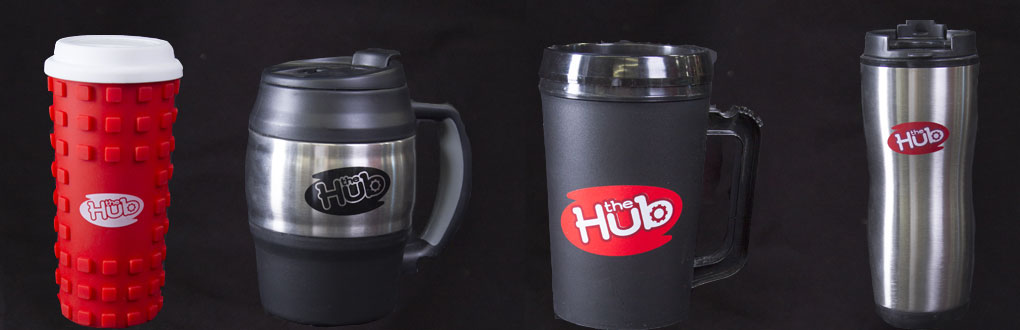 The Hub's fun mugs and beverage holders